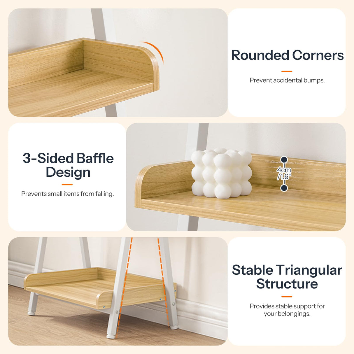 HOOBRO Small Bookcase, Ladder Shelf, 5-Tier Wall-Leaning Shelf, Freestanding Storage Rack, Display Stand, for Living Room, Home Office, Balcony, Bedroom, White and Natural WN151CJ01 HOOBRO