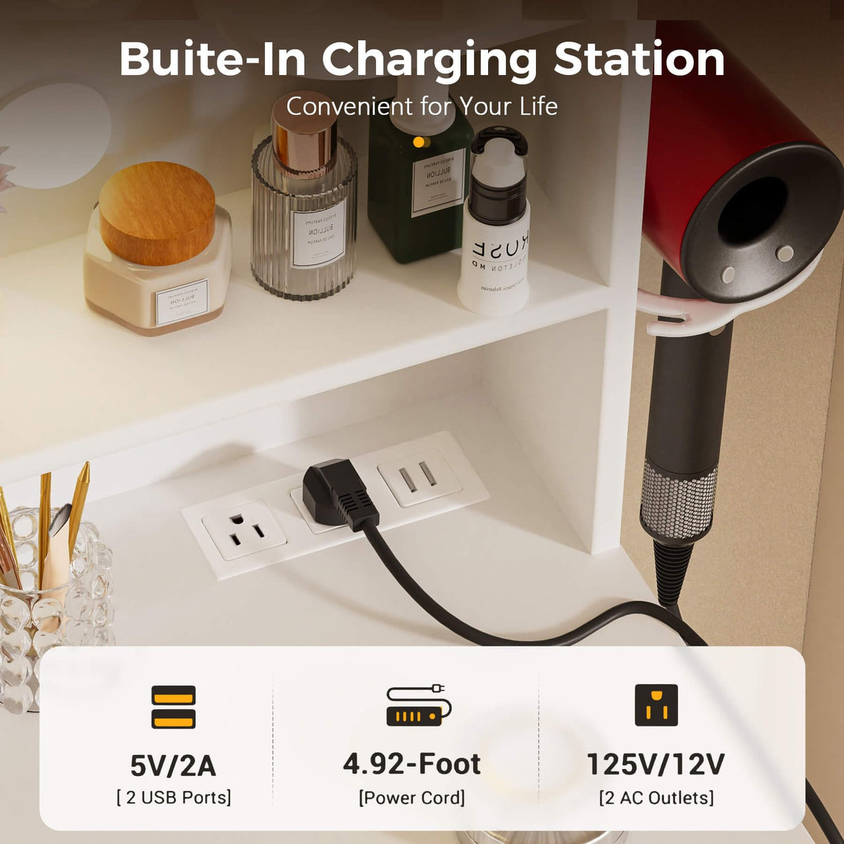 COMHOMA Vanity Desk with Lighted Mirror and Power Outlet, RGB LED Lights Makeup Vanity Set for Girls, Large Storage Capacity Dressing Table for Bedroom, 3 Lighting Modes Adjustable Brightness, White COMHOMA