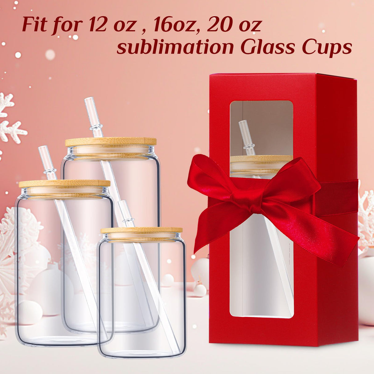 Honoson 24 Pcs Gift Boxes with Ribbon for Sublimation Glass Exhibition Boxes Transparent Gift Box for 12oz 16oz 20oz Drinking Glasses Jars Sublimation Glass Can Blanks Tumbler Gift Box(Red) Honoson