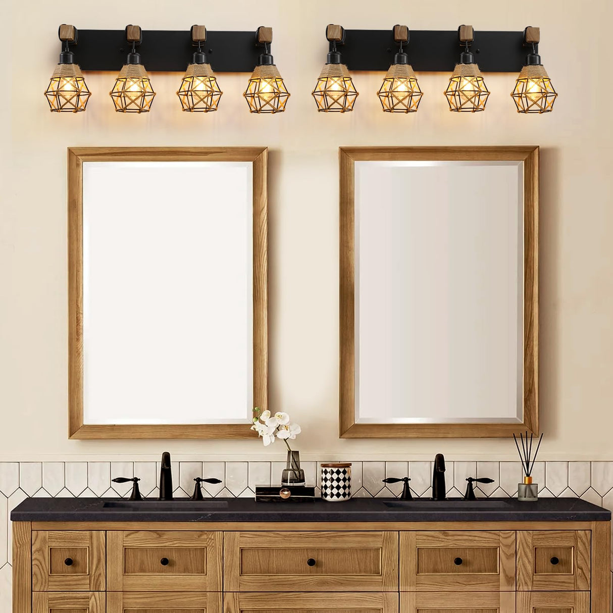 Rustic Style Wood Bathroom Wall Sconce,4 Light Bathroom Vanity Light Fixtures, with Boho Wicker Twine Lampshade,Suitable for Bedroom, Hallway, and Living Room,Rattan Black Farmhouse Wall Sconce LmnLvn