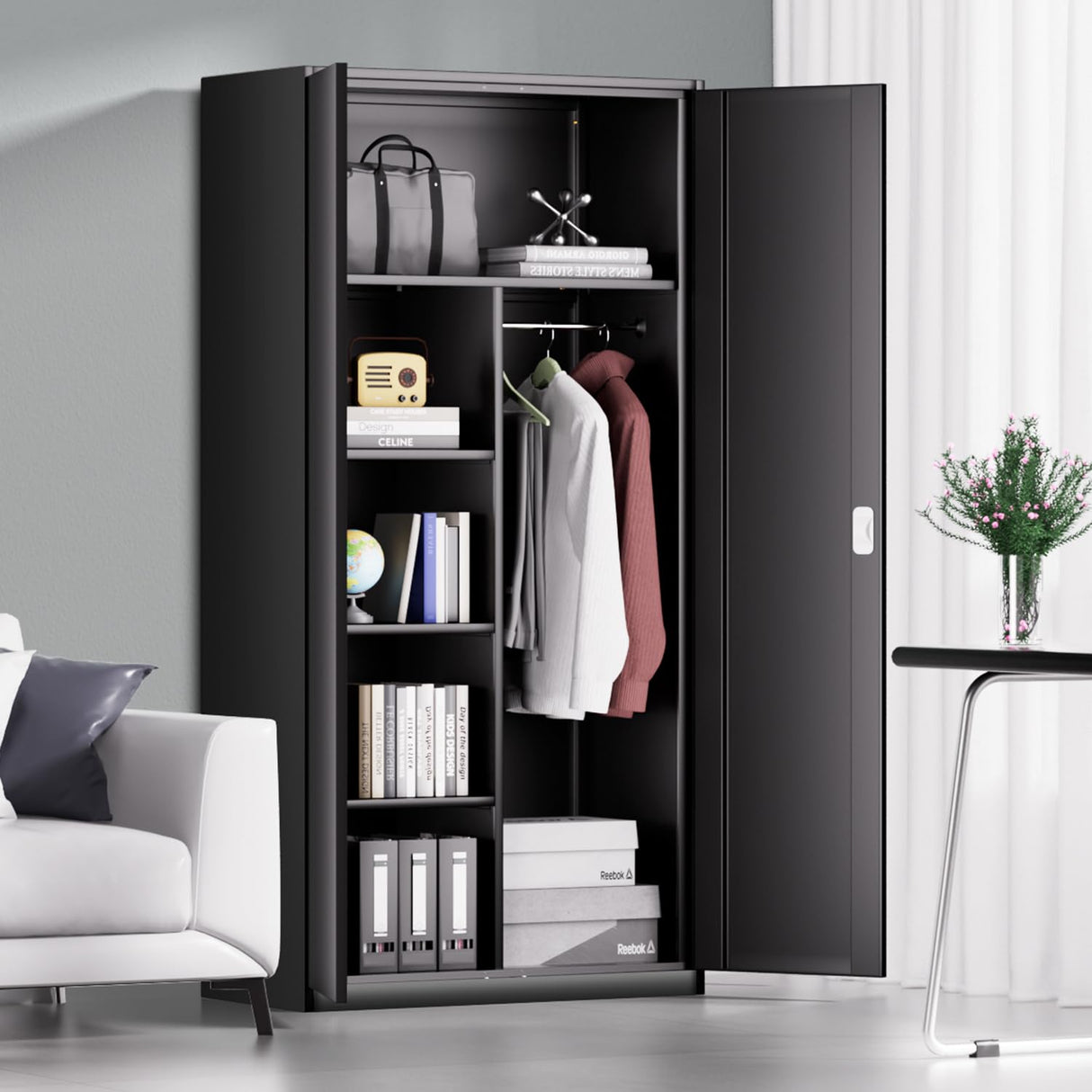 DNA MOTORING Metal Storage Cabinet, 72" Storage Wardrobe with Lock and Hanging Rod, Locking Cabinet Heavy Duty Utility Cabinet with 4 Shelves for Garage,Office,Home,Gym, Black, TOOLS-00633-BK-BK DNA MOTORING