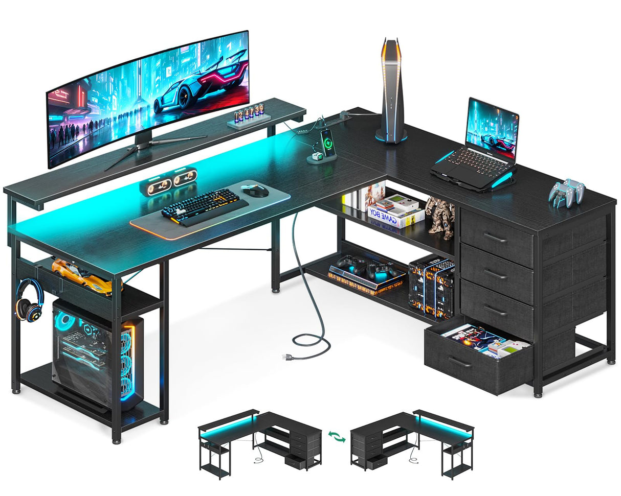 AODK 61" L Shaped Desk with Drawer, Computer Desk with Power Outlets & LED Lights, Reversible Corner Gaming Desk for Home Office Workstation, Office Desk with Monitor Shelf, Pure Black AODK
