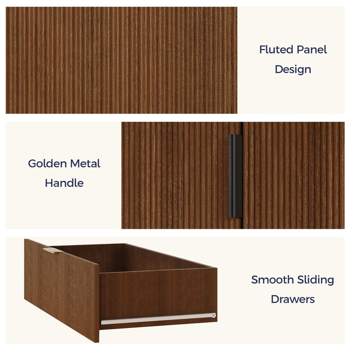 FONTOI Storage Cabinet, Kitchen Pantry Storage Cabinet with 3 Drawers 2 Doors, Wood Cupboard with Adjustable Shelves & Fluted Panel Design, Tall Home Storage for Living Room, Kitchen, Walnut FONTOI