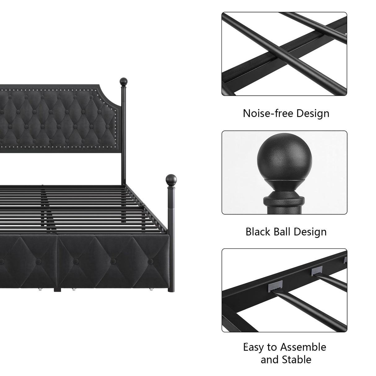 Keyluv Queen Upholstered Canopy Bed Frame with 2 Drawer and Button Tufted Headboard Metal Platform Bed with 4 Removable Posts Two-Purpose Velvet Bed No Box Spring Needed Dark Grey/Curtain Not Included Keyluv