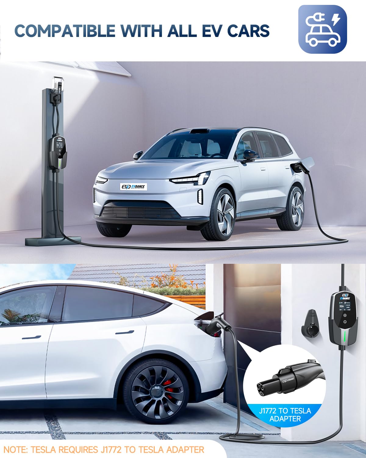 EVDANCE Level 2 EV Charger - Portable 32A EV Charger NEMA 14-50 with 25ft Cable, Adjustable Current/Delay Charging for Electric Car Charger EVDANCE