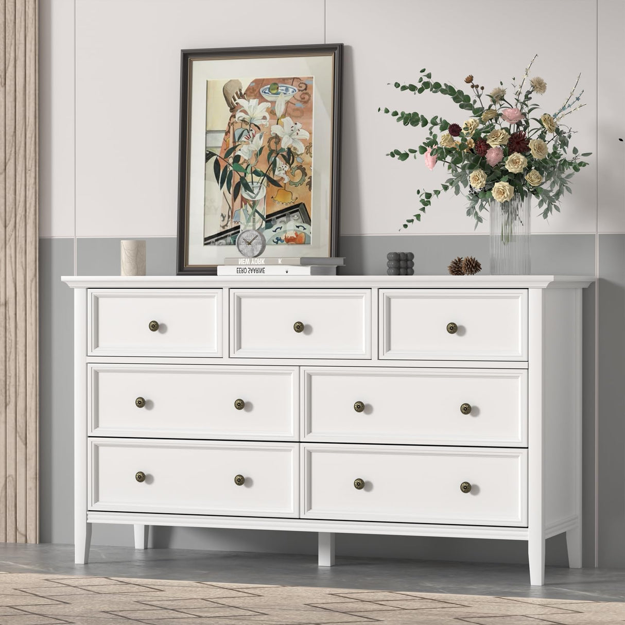 IKENO White 7 Drawer Dresser for Bedroom, Modern Solid Wood Large Storage Cabinet, Simple White Chest of Drawer for Bedroom Living Room Hallway Entryway (White) IKENO