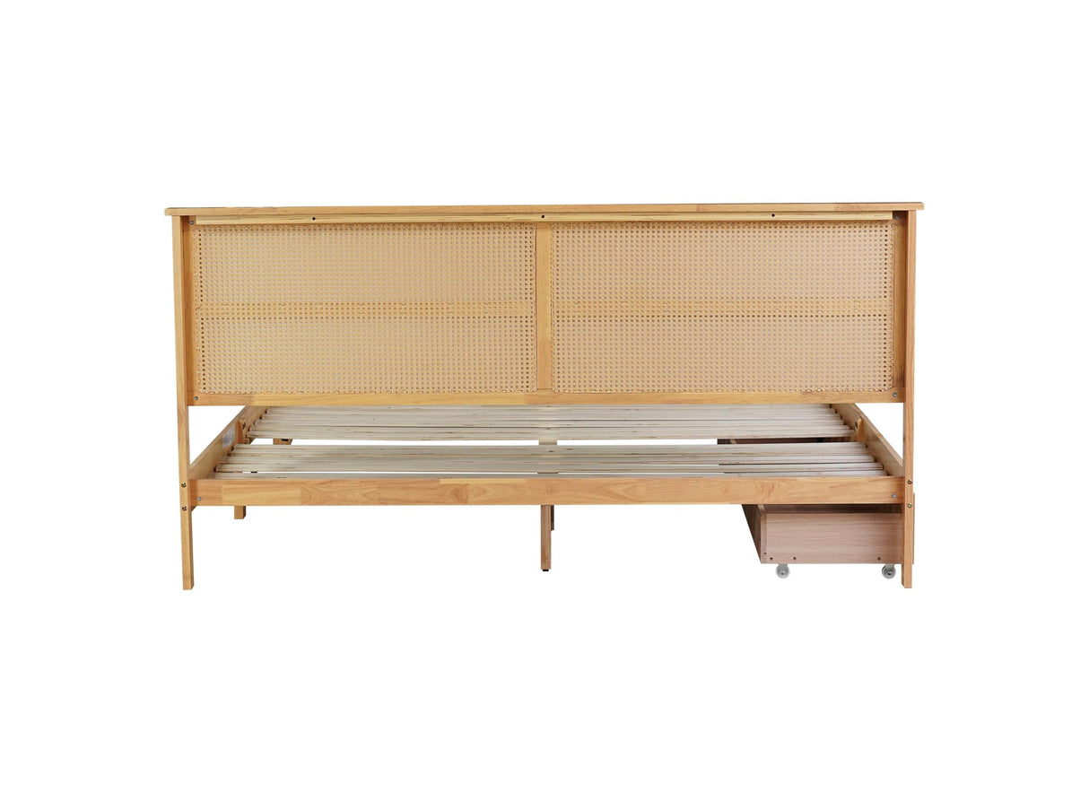 DEINPPA King Bed Frame Solid Rubber Wood Platform Bed with Rattan Headboard and 2 Storage Drawers, Boho Style/Wooden Slats Support/Noise-Free/8 inch Space Underneath/No Box Spring Need-Natural DEINPPA
