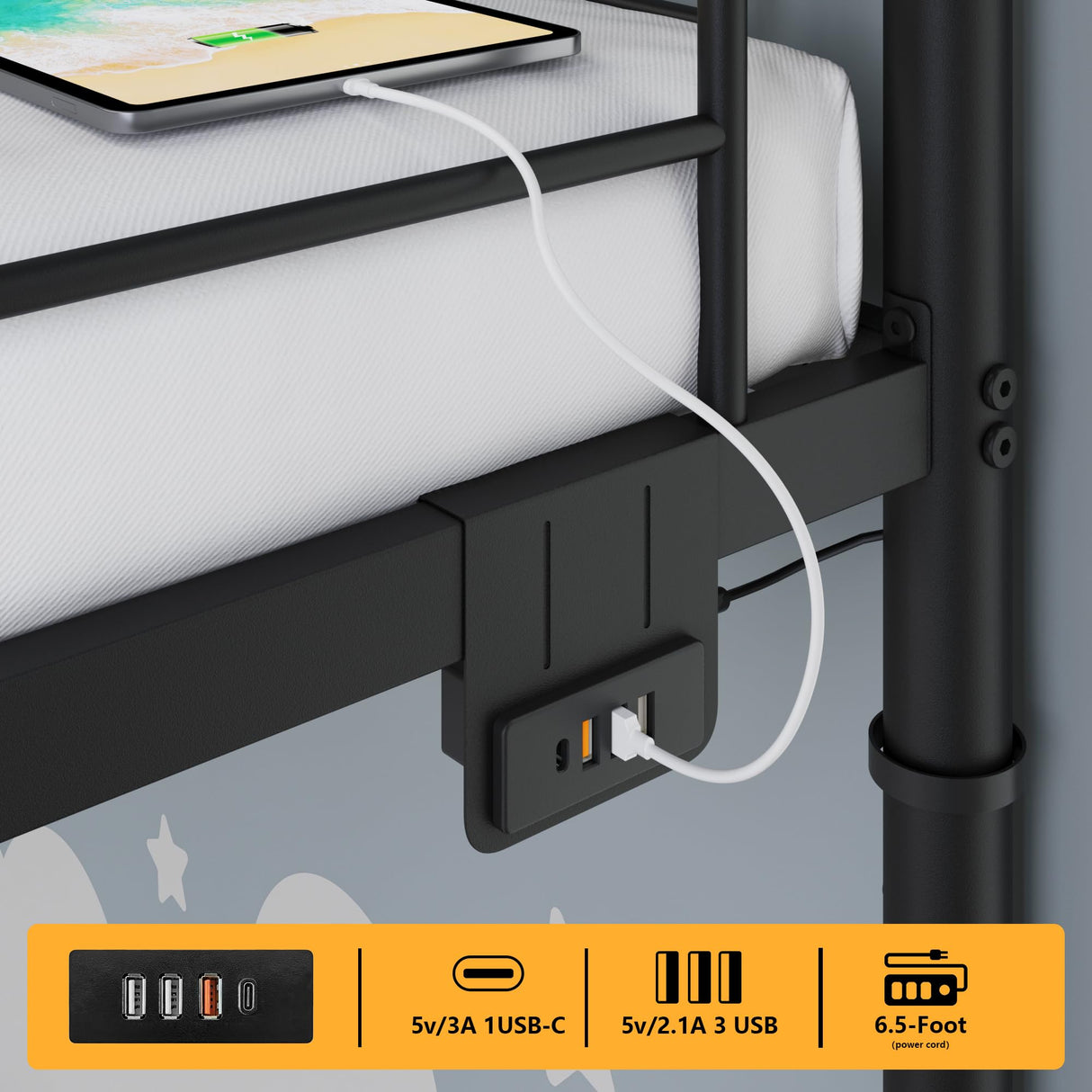 Twin Over Twin Metal Bunk Bed with LED Lights, USB Charging Station, 2 Drawers, Guard Rails & Ladder – No Box Spring Needed, Easy Assembly, Black stasado