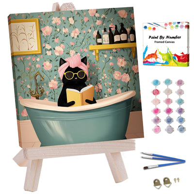 JUJUHOOD Funny Bathing Cat Paint by Numbers Kit for Adults Beginner & Kids Ages 8-12,Black Cat Paint by Number Without Easel, Simple Paint by Numbers for Gift Home Wall Decor (10x10Inch)