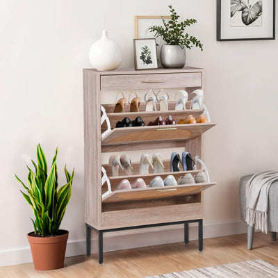 Nouva Rattan Shoe Cabinet - Freestanding Shoe Storage w/ 2 Flip Drawers & 1 Drawer, Narrow Shoe Organizer Rack for Entryway, Living Room