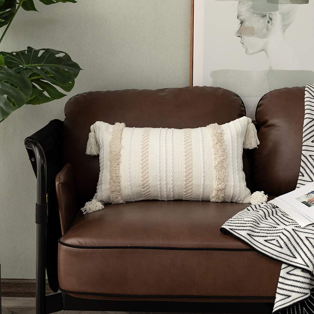 OJIA Lumbar Decorative Boho Throw Pillow Cover, 12 x 20 Farmhouse Cute Pillowcase Minimalist Neutral Collection Cream White Tufted with Tassels Woven Cushion Cover for Sofa Couch Bedroom Living Room OJIA