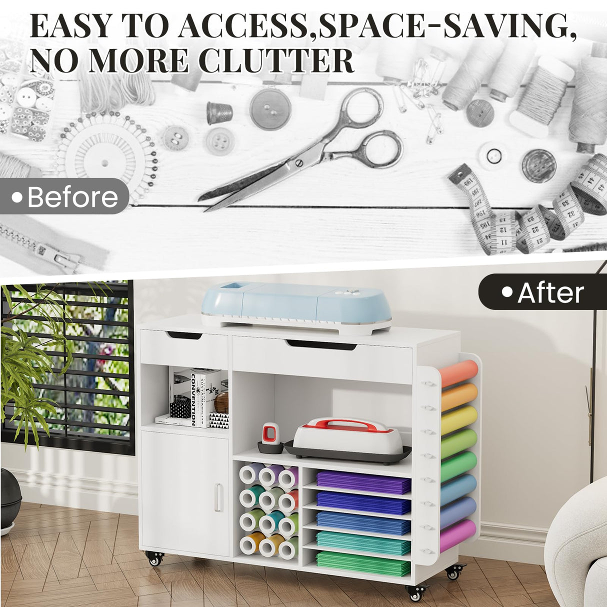 Craft organization and storage Cart Compatible with Cricut Machine, Rolling Craft Organizer With lDual Drawers & Cabinet Door, Vinyl Roll Holder, and Spacious Compartments (Extra Large) CXQ
