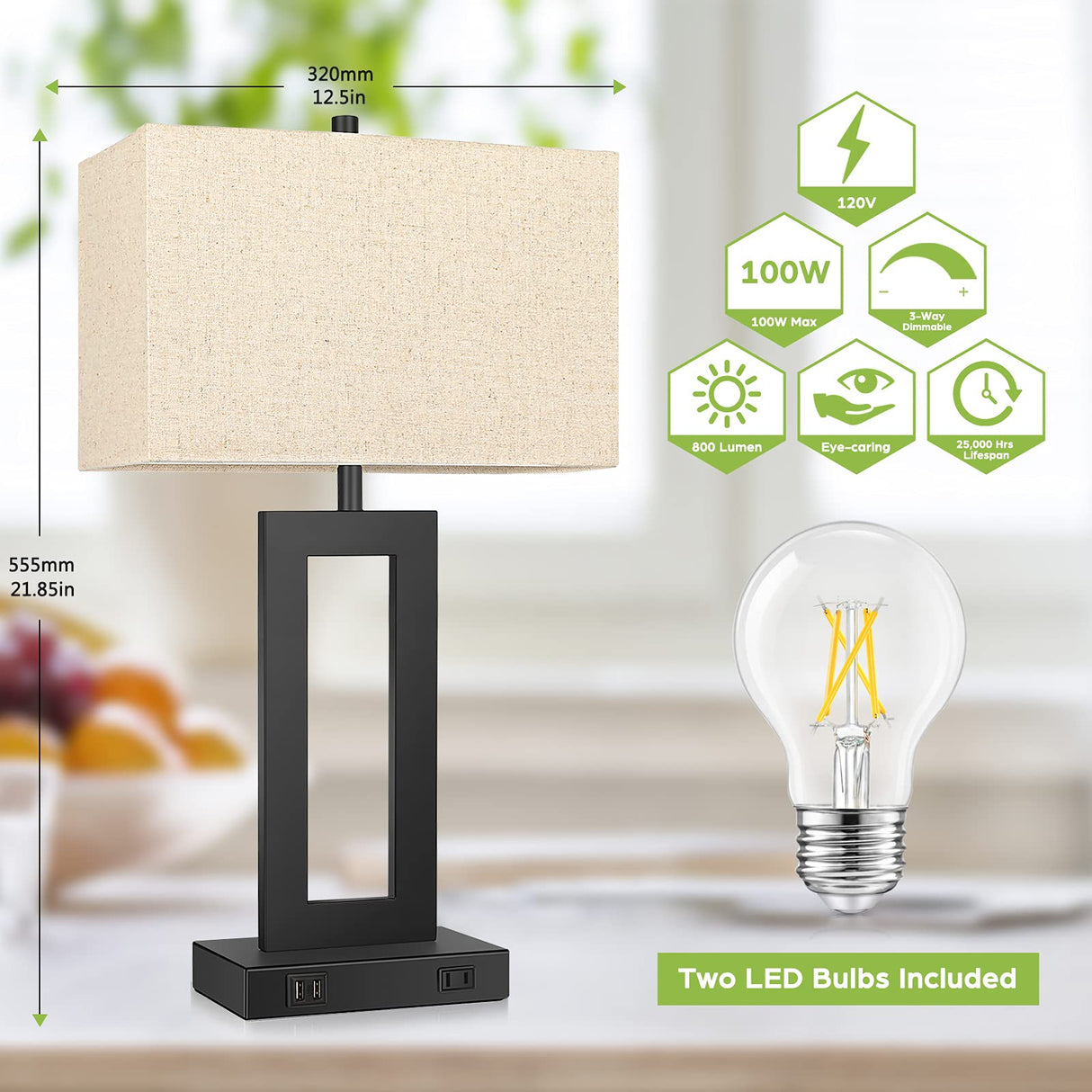 Set of 2 Touch Control Table Lamp with 2 USB Ports, 3-Way Dimmable Modern Nightstand Lamp Sets Bedside Touch Desk Lamp with Fabric Cream Shade For Bedroom Table Living Room Reading, Included Bulbs TOBUSA