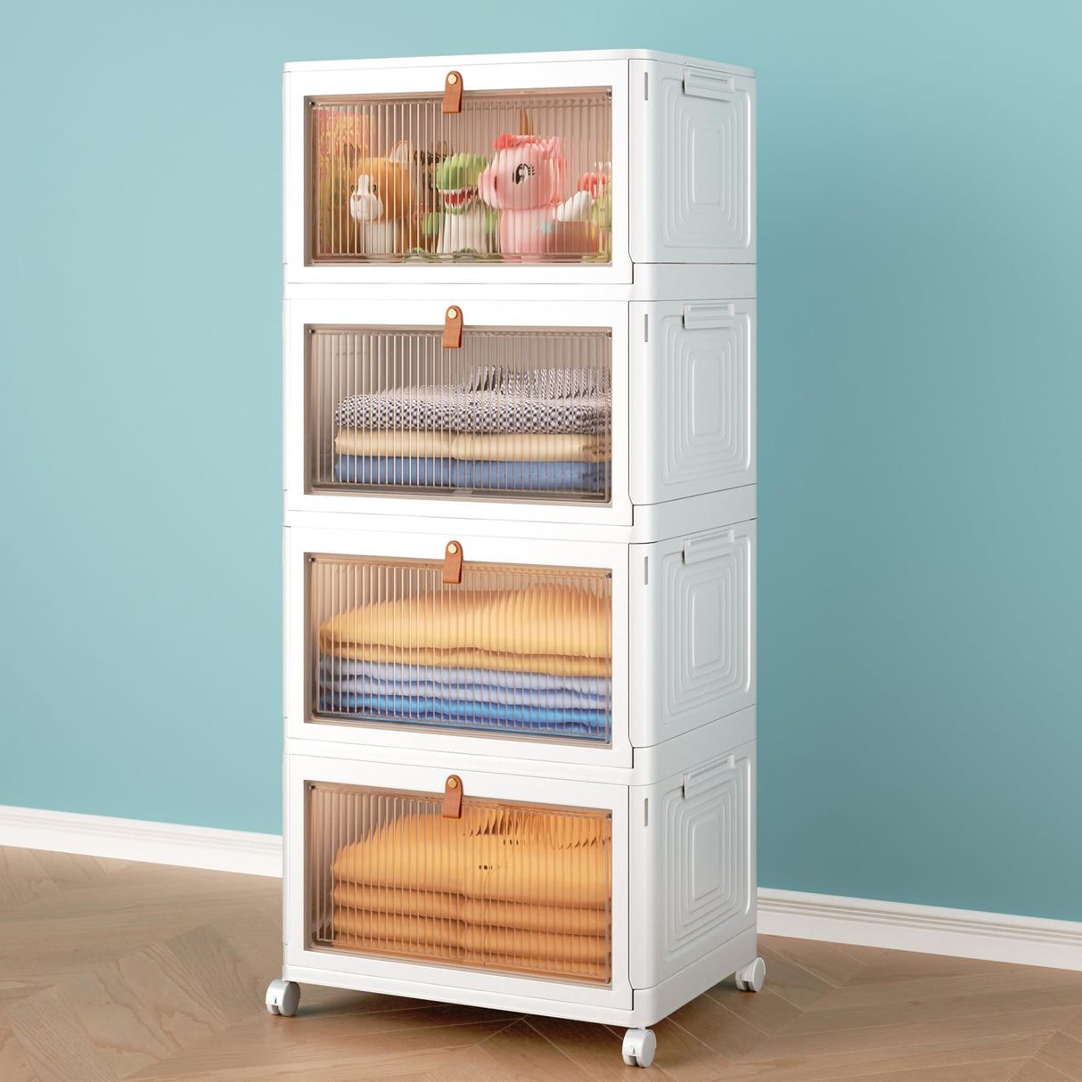 4 Tier Stackable Plastic Storage Bins with Lid and Wheels - 23 QT Closet Organizers and Storage, Foldable Storage Containers, Organization and Storage Boxes for Craft, Home, Pantry, Office, Dorm Wise Oannes