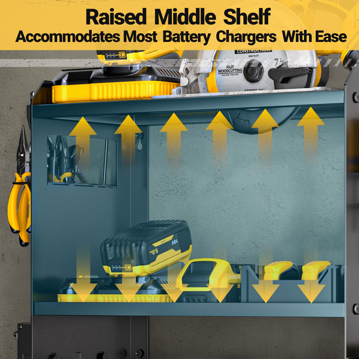 YYR Power Tool Organizer Wall Mount with Charging Station, Cordless Tools Hanger and Battery Storage Rack for Garage Organization, Heavy Duty Drill Holder Shelf Build in Metal Power Strip - Black YYR