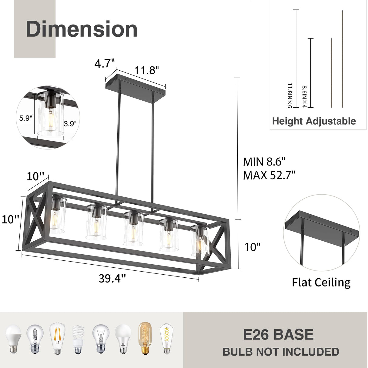 Espird Farmhouse Dining Room Light Fixture - 5 Light Matte Black Rectangle Light Fixture with Adjustable Height & Thickened Metal Dining Table Fixture Chandeliers for Dining Room&Kitchen Island Espird
