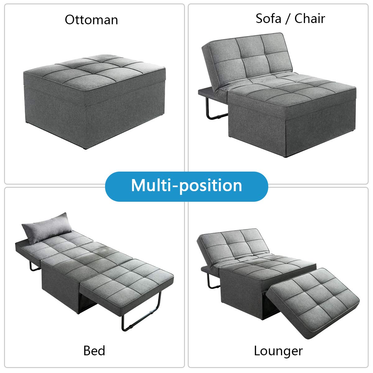 Vonanda Sofa Bed, Convertible Chair 4 in 1 Multi-Function Folding Ottoman Modern Breathable Linen Guest Bed with Adjustable Sleeper for Small Room Apartment,Dark Gray Vonanda