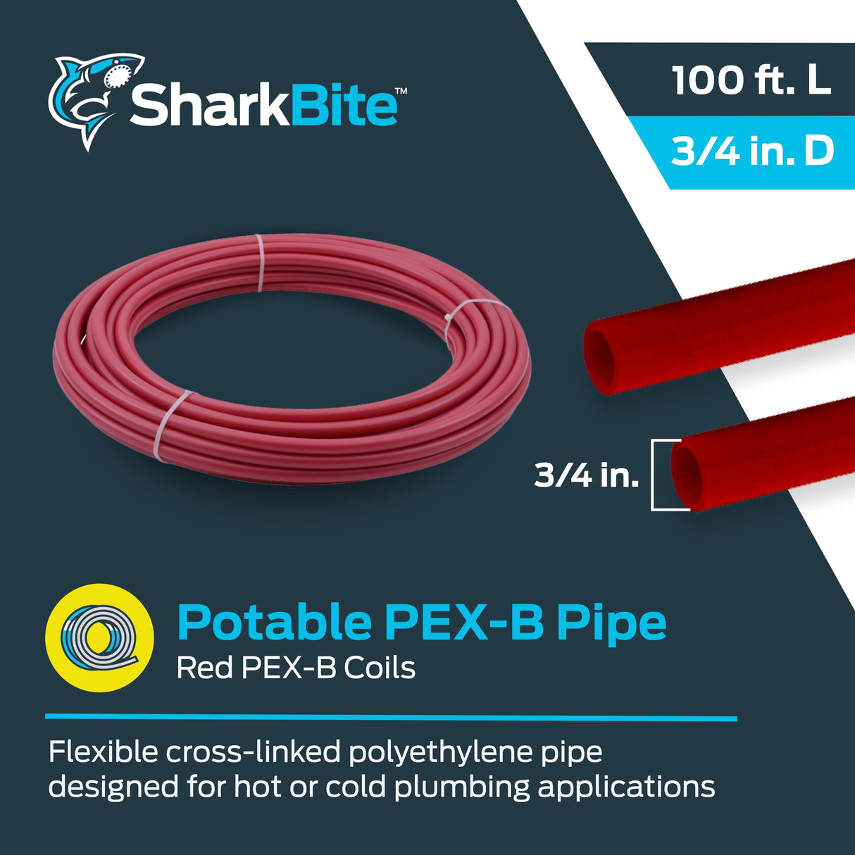 SharkBite 3/4 Inch x 100 Feet Red PEX-B, PEX Pipe Flexible Water Tubing for Plumbing, U870R100 SharkBite