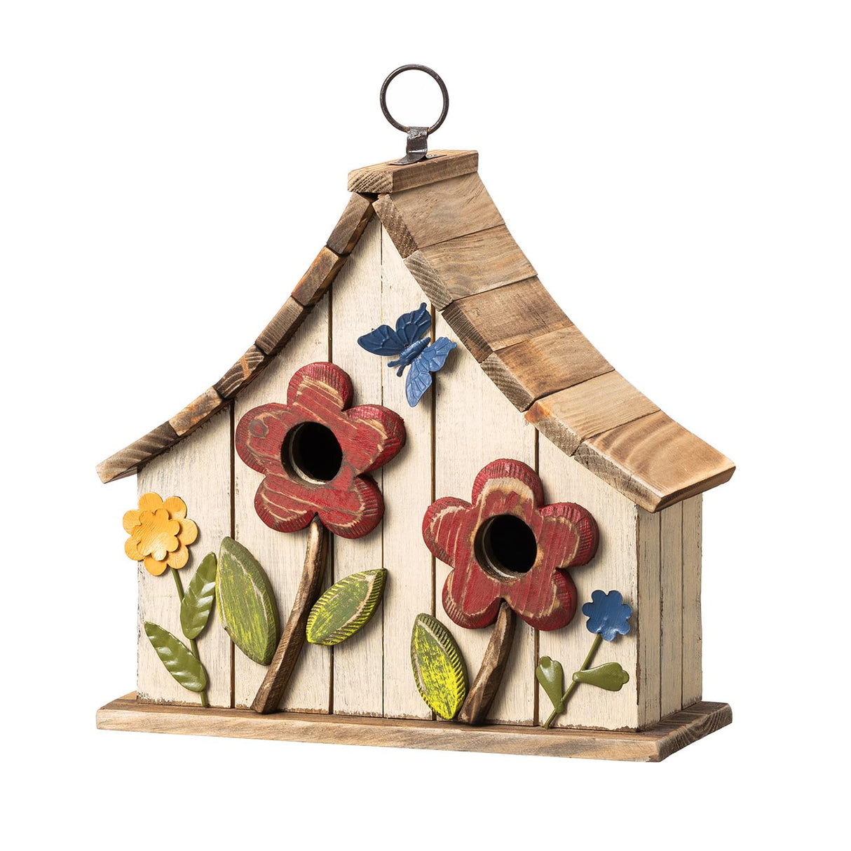 Glitzhome 10.75" L Distressed Solid Wood Birdhouse with 3D Flowers Rustic Two-Story Townhouse Hand-Painted Bird Houses for Garden Outdoors,Washed White glitzhome