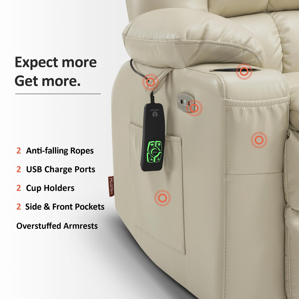 MCombo Dual Motor Power Lift Recliner Chair for Elderly, Lay Flat Lift Chair with Heat and Massage, Petite Wide Lift Chair, Cup Holders, USB A&C Ports, Faux Leather R7894 (Cream White, Small-Wide) MCombo