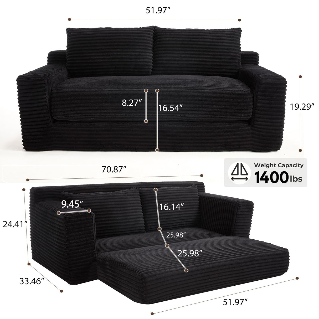 GNIXUU Corduroy Cloud Loveseat Sofa, 2 in 1 Convertible Black Boneless Sleeper Sofa with Fixed-Shape Frame, Comfy Folding Love Seat Couches for Living Room, Apartment, Small Spaces GNIXUU