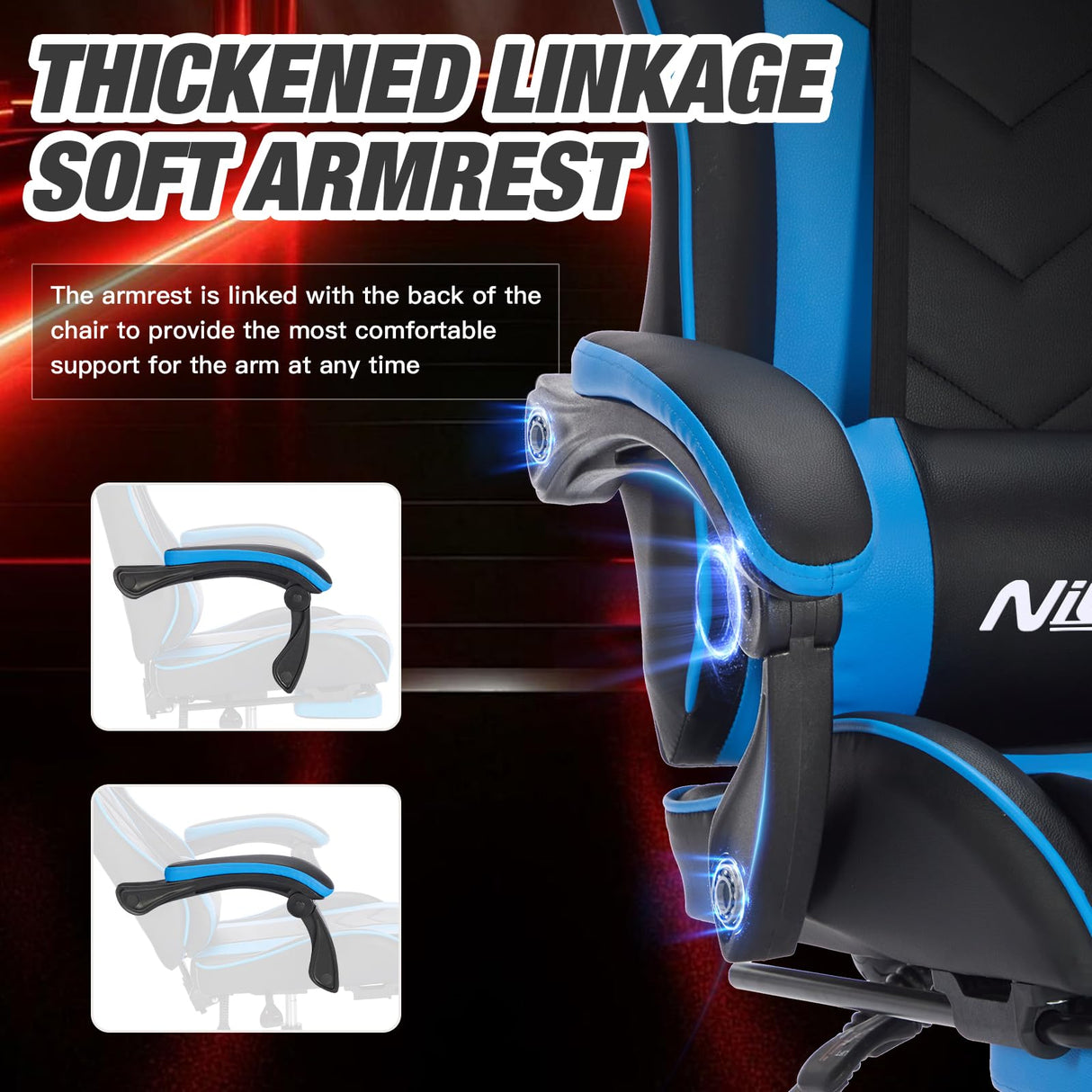 Gaming Chair with Footrest, Ergonomic Computer Chair with Headrest and Lumbar Support, PU Breathable Material Height Adjustable Video Game Chairs for Adults, BlackBlue NIONIK