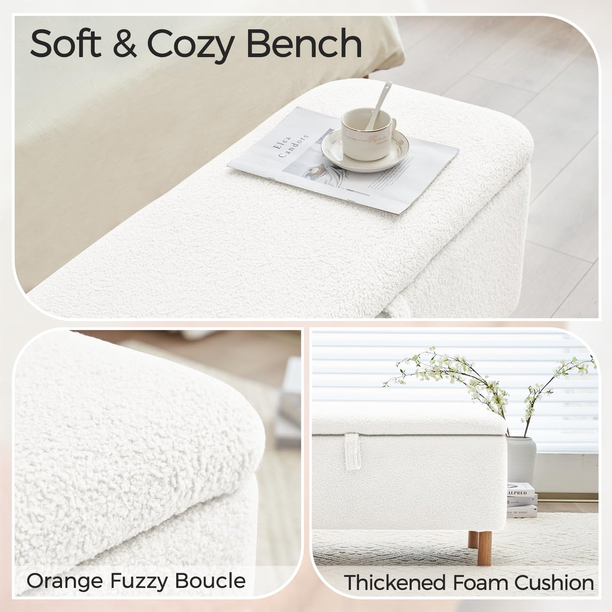 Storage Ottoman Bench for Bedroom End of Bed, Boucle Upholstered Padded Storage Bench for Entryway Bed Foot Entryway, Sherpa Rectangle Cushion Shoe Seat Blanket Chest Cute for Living Room, White Comfort Stretch