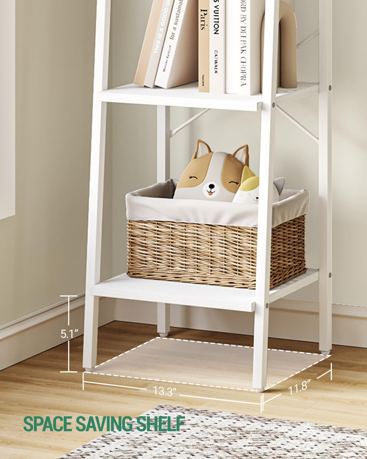 Hzuaneri Ladder Shelf, Bookshelf Bookcase, Freestanding Corner Storage Shelve with 2 Hooks for Home Office, Living Room, Kitchen, Bedroom, Industrial, 4-Tier White BC13213W Hzuaneri
