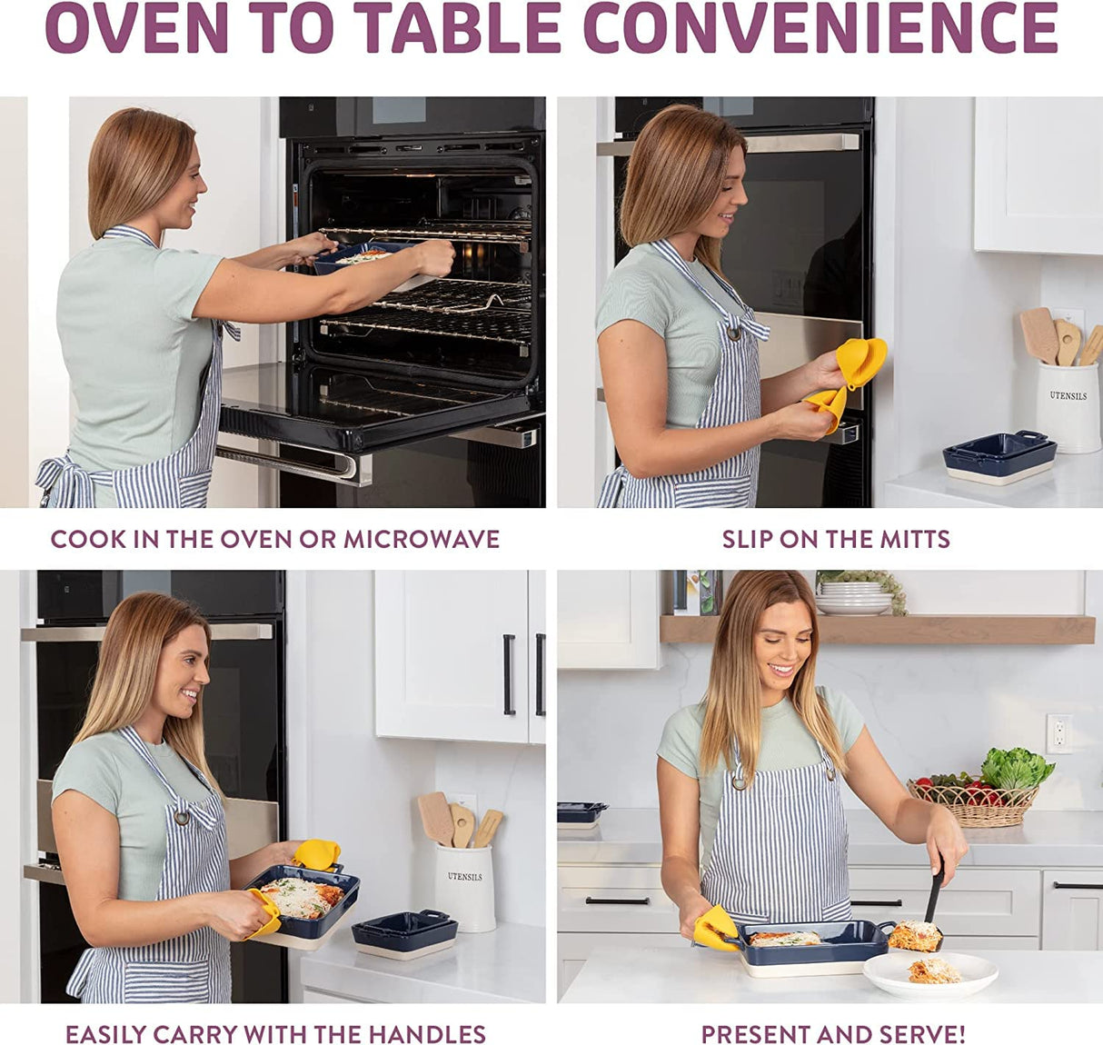 Casserole Dish Set - 3 Ceramic Baking Dishes for Oven with Silicone Oven Mitt - Rectangular Bakeware is Microwave, Freezer and Dishwasher Safe - Cooks Evenly and Saves Space with Nesting Design Kitchen Pixie