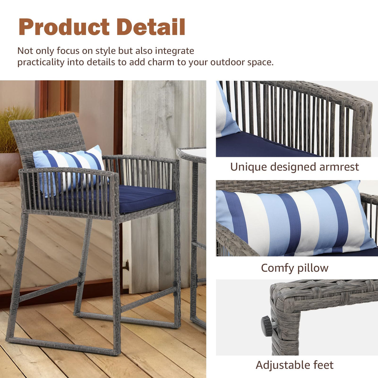 SUNSITT 3-Piece Outdoor Wicker Bar Height Table Set, 2 Bar Stools and 1 Pub Table with 2 Striped Pillows, Grey Rattan, Blue Seat Cushions, Steel Frame SUNSITT