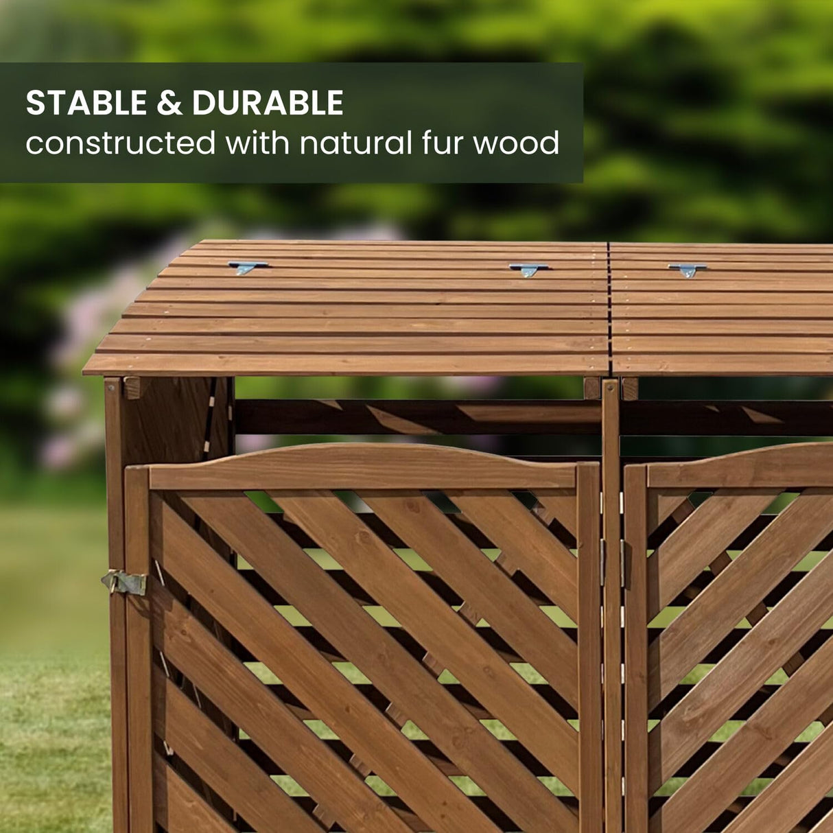 Hanover Outdoor 4.9-ft. x 4-ft. Wooden Trash Bin and Recyclables Storage Shed in Brown, Weather Resistant Trash Can Storage Container with Locking Latch for Lawn, Carport, Driveway Hanover