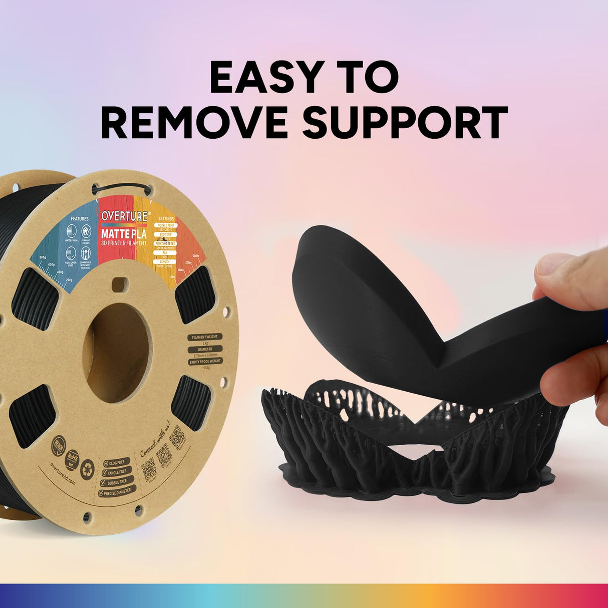 OVERTURE PLA Matte 3D Printer Filament 1.75mm, Matte PLA 1kg Cardboard Spool (2.2lbs), Dimensional Accuracy +/- 0.02 mm (Matte Black) OVERTURE