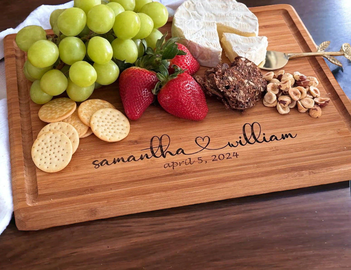 Handmade Personalized Cutting Board - Natural Bamboo Engraved Charcuterie Boards - Best Present for Wedding, Bridal Shower, Engagement, Birthday - Custom Engraved Chopping Block (Personalized) Taniri