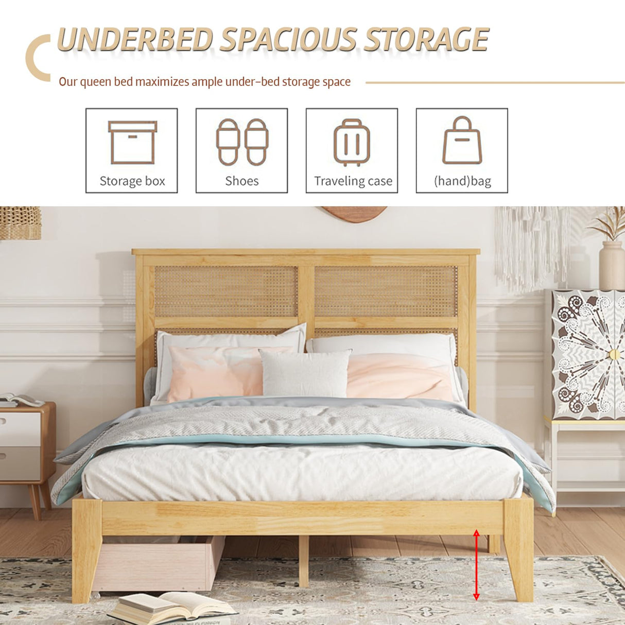 Majnesvon Boho Full Size Bed Frame with Natural Rattan Headboard, Wooden Platform Bedframe with 2 Drawer, Under Bed Spacious Storage, No Box Spring Needed (White, Full) Majnesvon