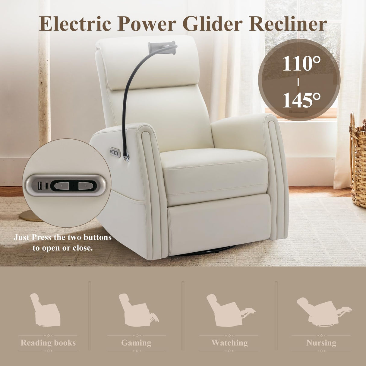 COLAMY Power Recliner Chair Swivel Glider, Upholstered Faux Leather Nursery Reclining Sofa Chair for Bedroom/Living Room/Reading Spaces, Beige COLAMY