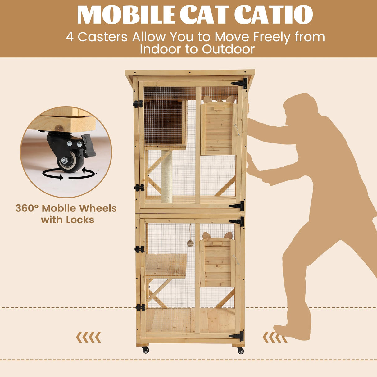 MAGIC UNION 71" Catio Outdoor Cat Enclosure Window Access, 4 Tiers Cats Playpen with Wheels, Resting Box & Waterproof Roof, Indoor Large Cat House Cage with Scratching Post Sisal Ball (Original Wood) MAGIC UNION