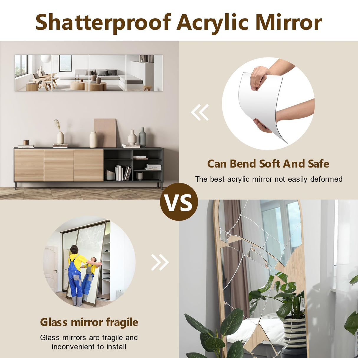 Mirror Wall Full Length,12X12 Inch Unbreakable Mirror Tiles for Bedroom Home Gym Door, Acrylic Squares Mirror Full Body Shatterproof Mirror Stickers for Walls,Mirror Sheets (4pcs) Shiftshade