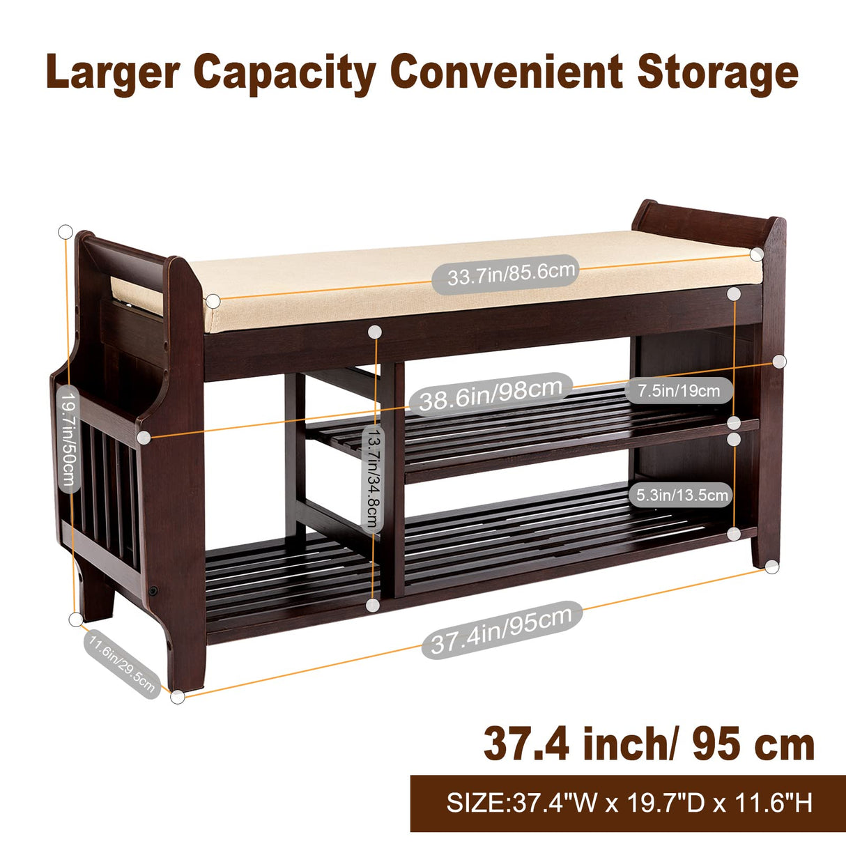 Nnewvante Large Shoe Bench Rack Shoe Organizer with Storage Side Basket Drawer Bamboo Removable Padded Cushion Seat for Entryway Hallway Living Room Bathroom-37.4in Nnewvante