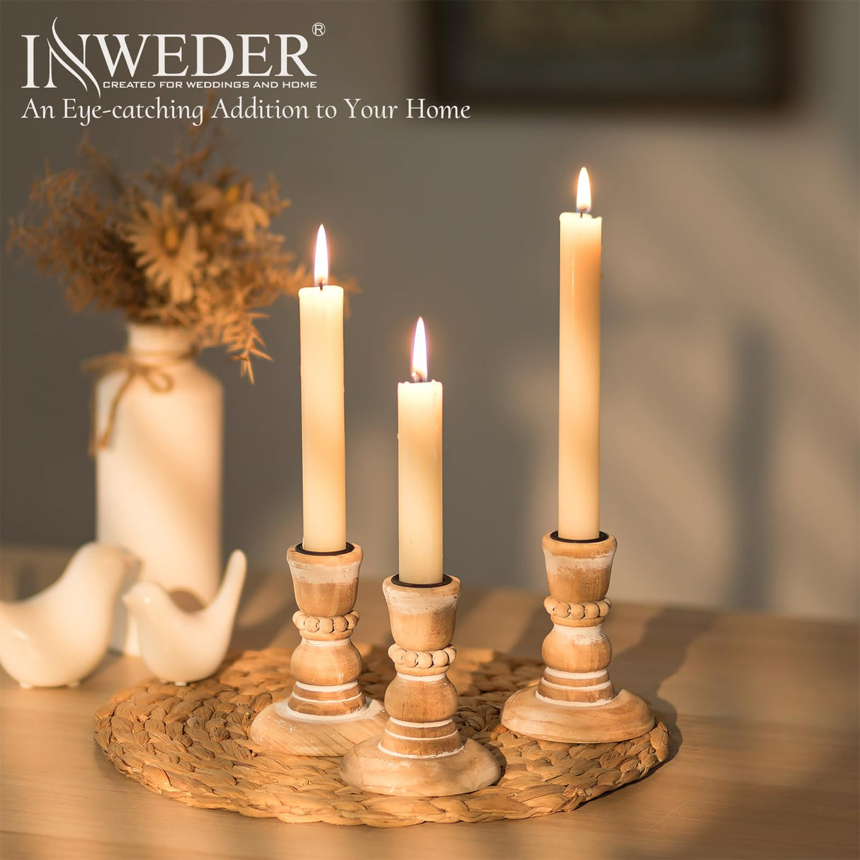 Inweder Wooden Candlestick Holders Rustic: Farmhouse Wood Taper Candle Holders Boho Candle Sticks Holder Decor for Home Dinning Table Mantle Party Holiday Christmas Wedding Set of 2 Inweder