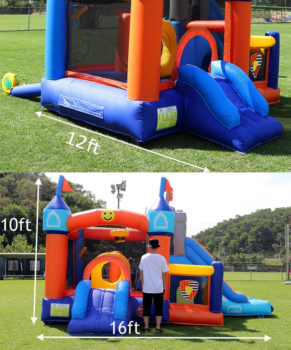 16x12FT Commercial Grade Bounce House Castle Inflatable, (Heavy Duty PVC), (1100w Blower)- 2 Slide, Ball Pit, Basketball Hoop, Obstacle-Bouncy House for Big Kid 5-12, Outdoor Party Toy Pool Backyard Inflantteble