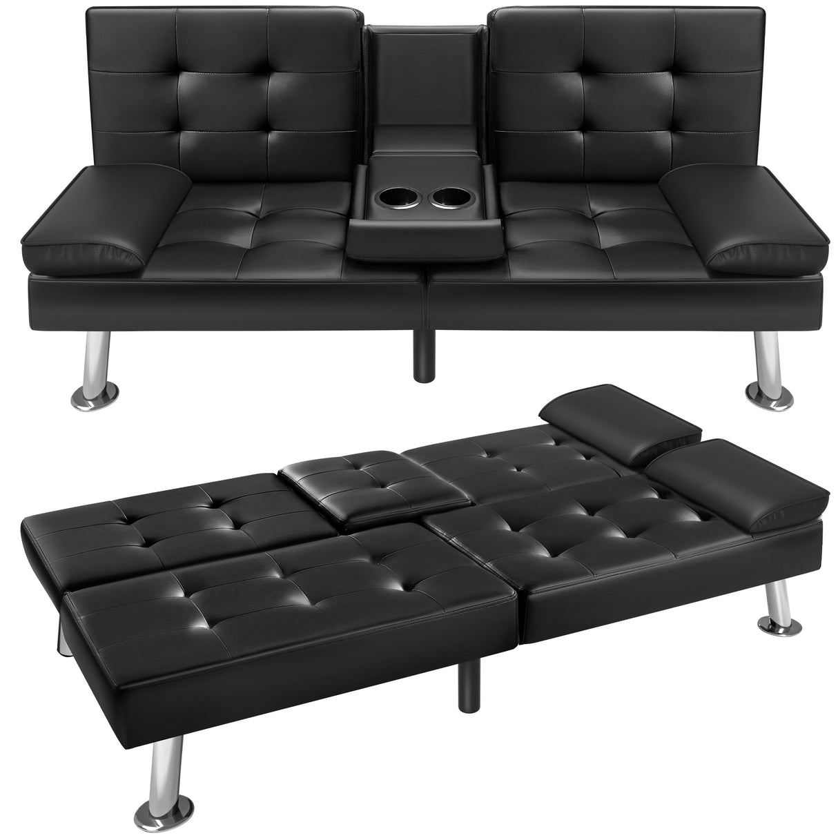 VICTONE Futon Sofa Bed Modern Faux Leather Couch Bed Convertible Folding Recliner for Living Room with 2 Cup Holders and Armrest (Black) VICTONE