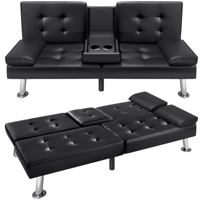 VICTONE Futon Sofa Bed Modern Faux Leather Couch Bed Convertible Folding Recliner for Living Room with 2 Cup Holders and Armrest (Black)