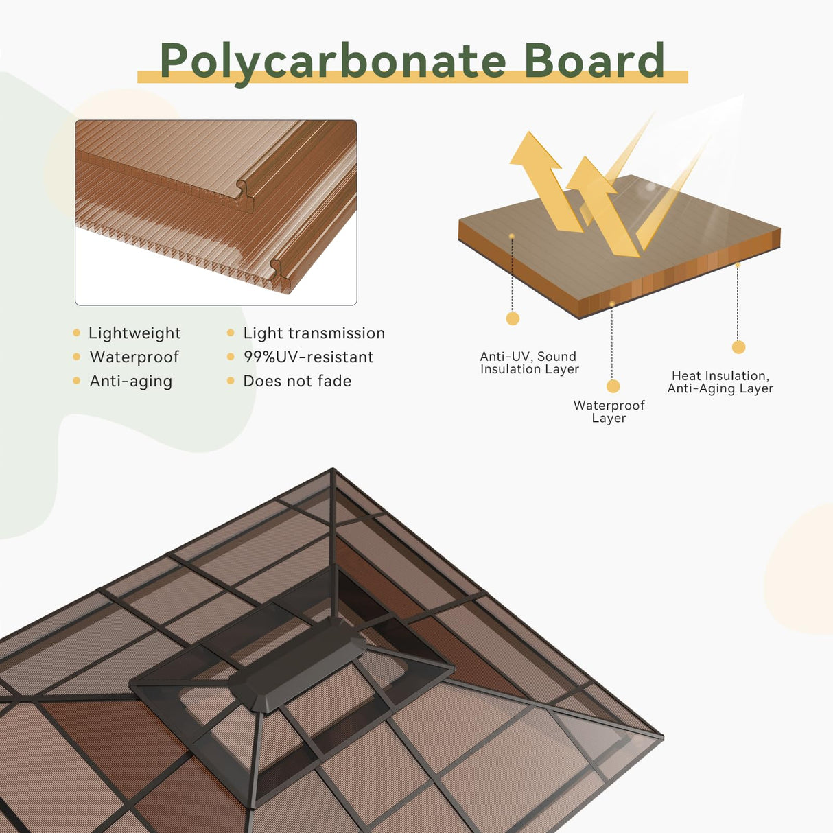 Aoxun 12'x10' Hardtop Gazebo, Aluminum Frame Permanent Pavilion with Curtains and Netting, Outdoor Polycarbonate Double Roof Canopy, Designed for Garden, Lawns, Patio, Brown Aoxun