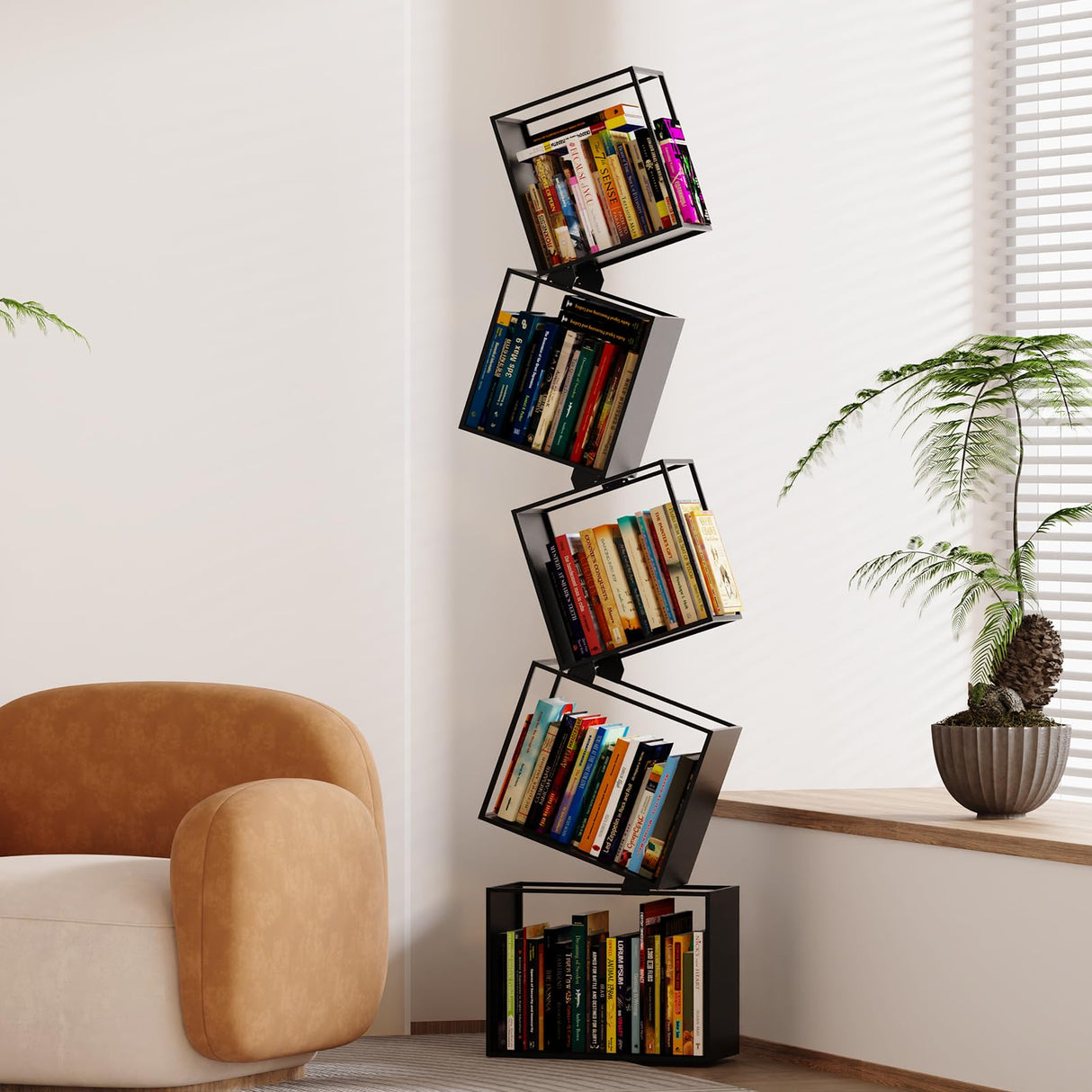 YTDnova 5-Tier Metal Bookshelf – Modern Geometric Narrow Bookcase with Matte Black Finish, Tall Storage Organizer Display Shelf for Living Room, Bedroom, Office, Small Spaces YTDnova