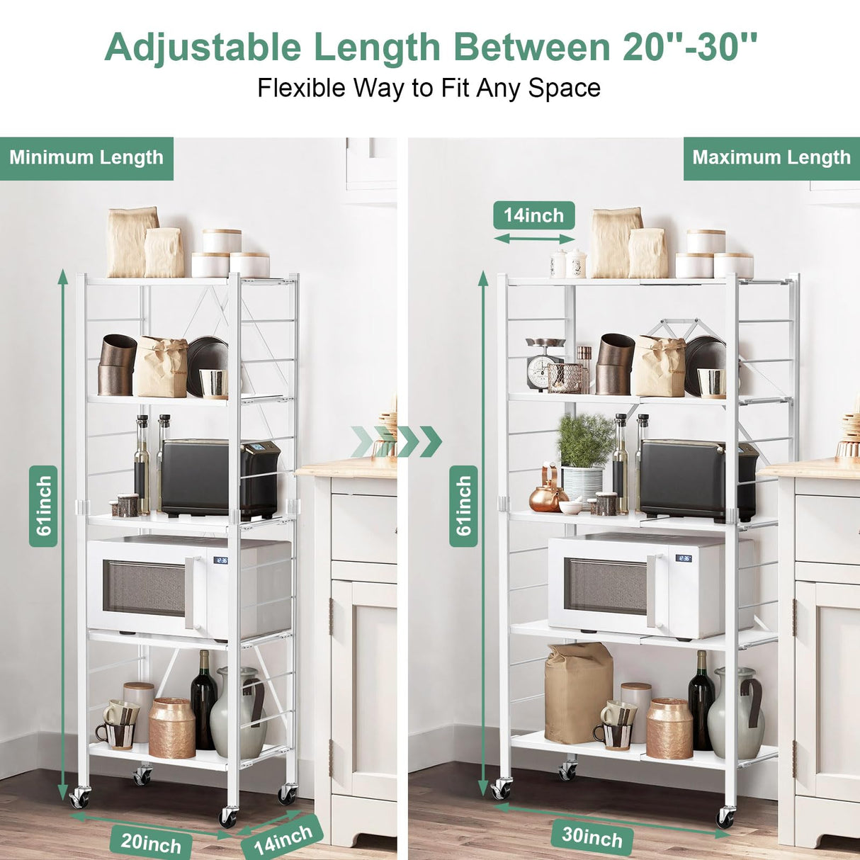Himix 5 Tier Foldable Storage Shelves, Expandable Folding Pantry Shelf with Wheels, Changeable into 2 Shelf Units, Collapsible Storage Rack Metal Shelves for Kitchen, Room, Garage, White Himix