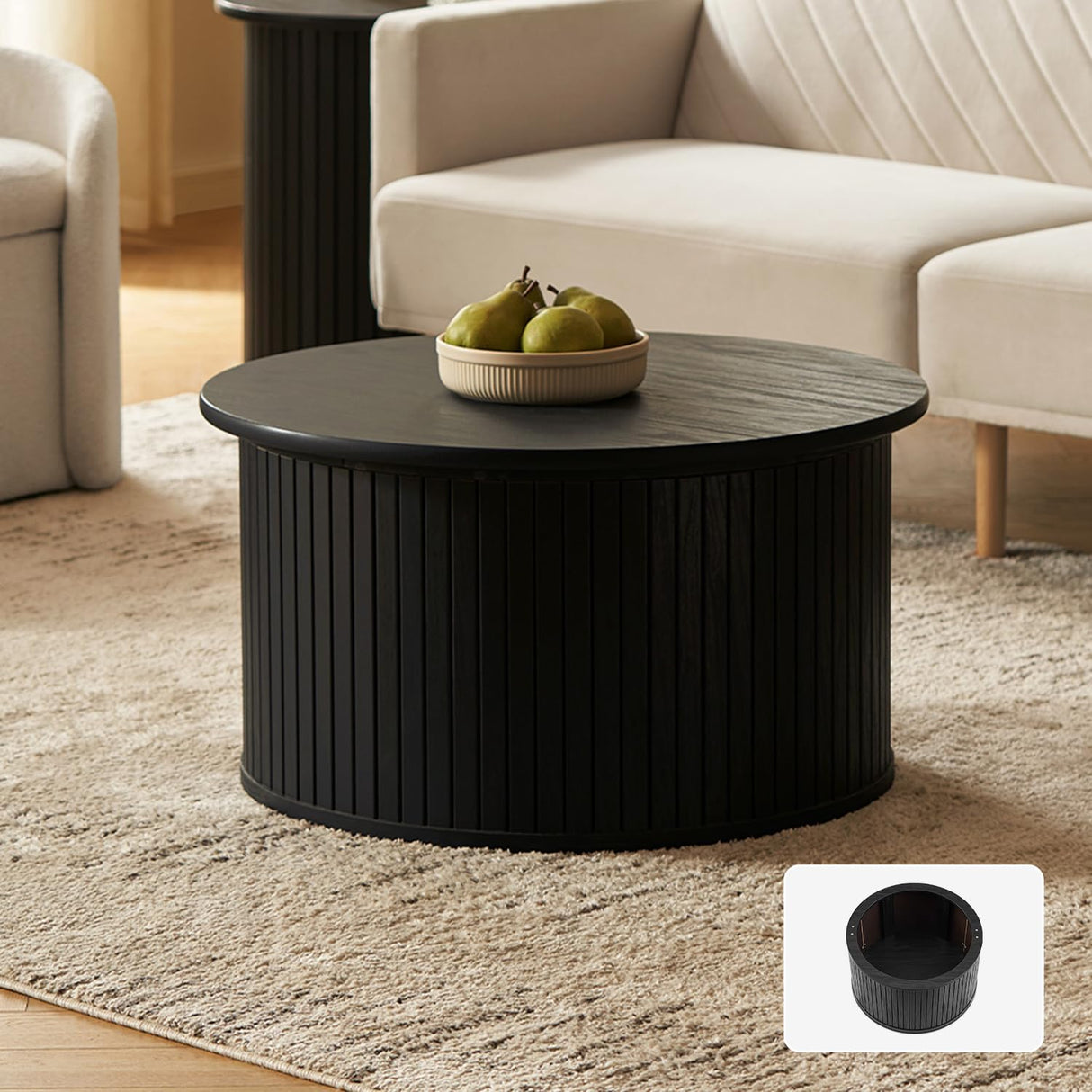mopio Quin Round Fluted Coffee Table, Tambour Circle Living Room Table, Mid Century Modern Wood Coffee Table with Storage, Drum Center Table with Removable Lid, Accent Tea Table (Black) mopio