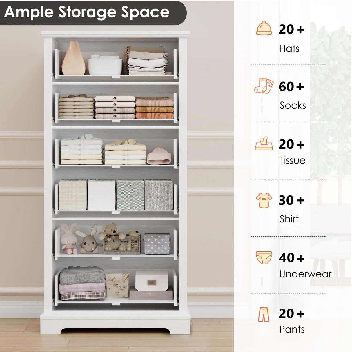 HOSTACK White Dresser for Bedroom, 52" Tall Dresser, Vertical 6 Drawer Dresser, Modern Farmhouse Chest of Drawers, Wood Closet Dresser Storage Dresser Chest for Living Room, Hallway, Entryway HOSTACK