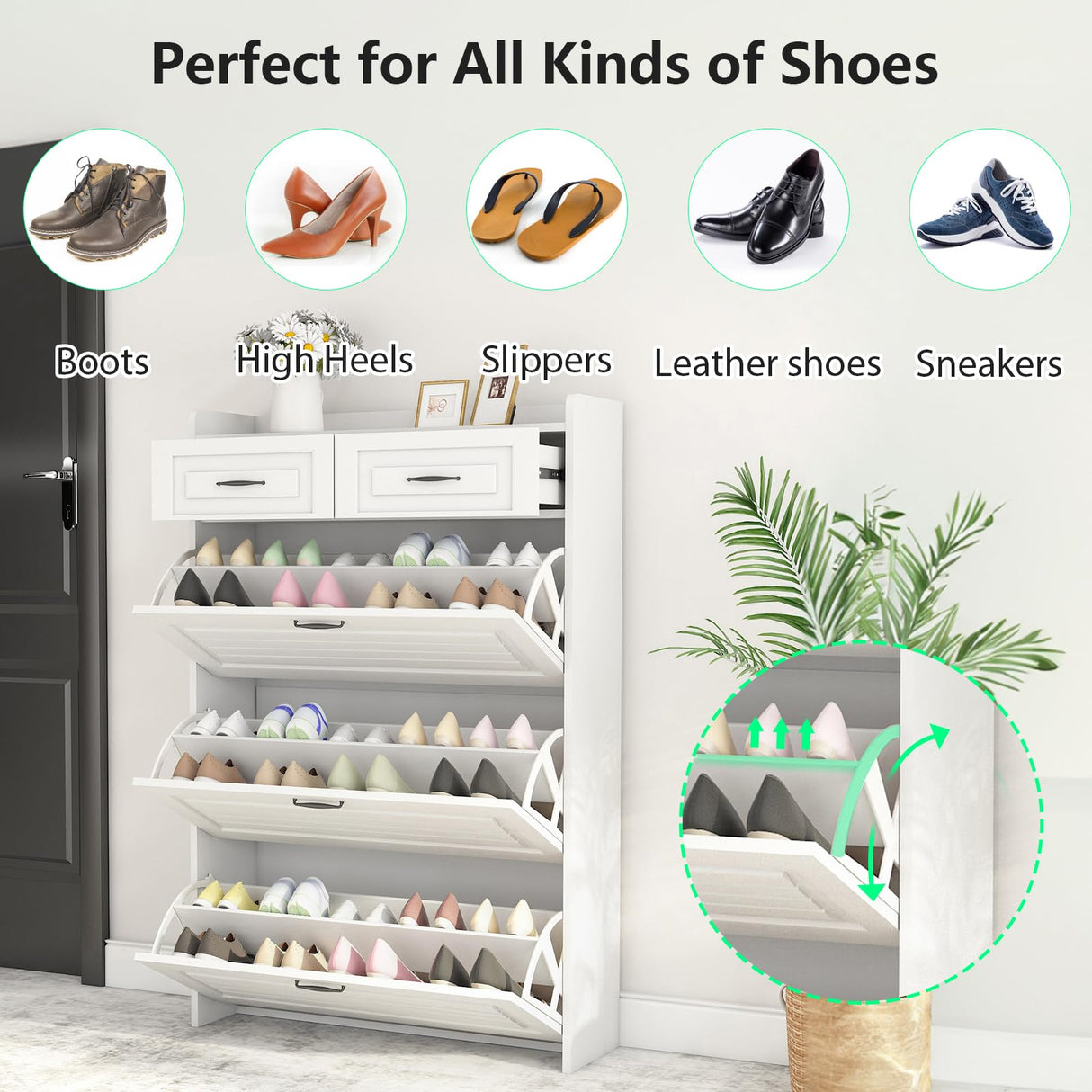 ODUWA Shoe Storage Cabinet with 3 Flip Drawers and 2 Storage Drawers,Easy to Store 18-25 Pairs of Shoes,White Wood Shoe Storage Cabinet for Entryway,Hallway,PVC Door with Shape ODUWA