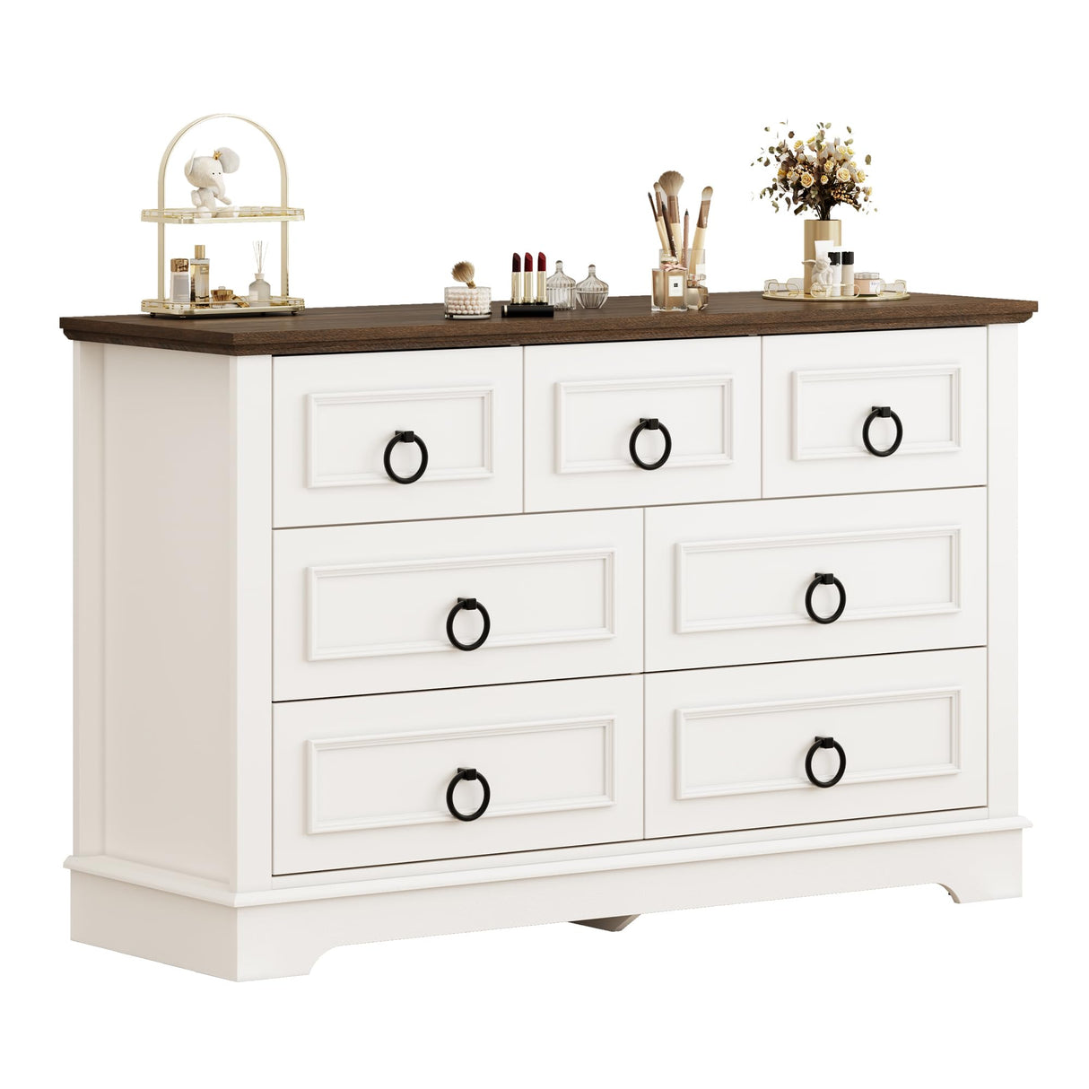 LIKIMIO Farmhouse 7 Drawer Dresser for Bedroom, Wood Rustic Chest of Drawers with Round Metal Handle, Large Storage Dresser Organizer TV Dresser for Living Room, Hallway, Entryway, Off White LIKIMIO