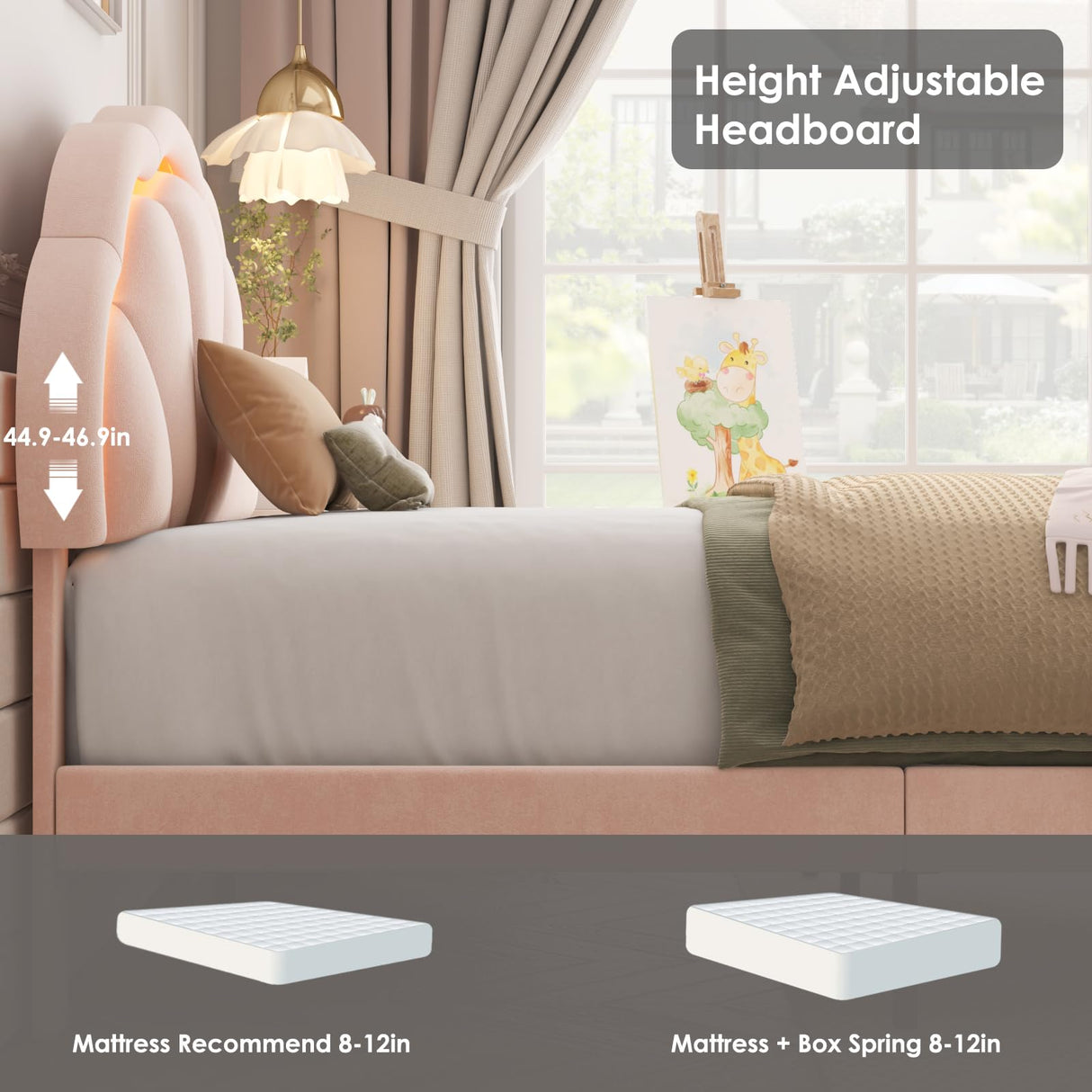 HIFIT Queen Upholstered Smart LED Bed Frame with Adjustable Chic Petal Headboard, Soft Princess Queen Size Platform Bed Frame for Girls, Wooden Slats Support, No Box Spring Needed, Easy Assembly, Pink HIFIT